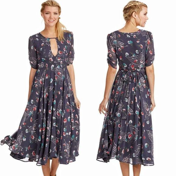 NEW Free People 2 XS Bonnie Dress Floral CottageCore Blue Fit Flare Boho Flowy - Picture 7 of 15
